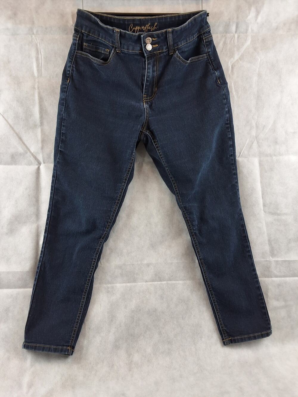 Copperflash women’s dark wash slim straight jeans double button stretch denim